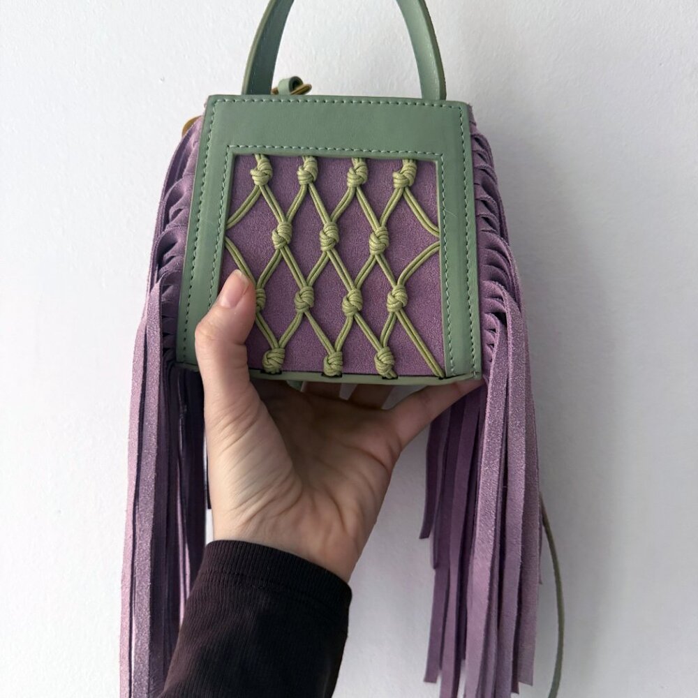 PIPATCHARA Mini Fringe Bag Purple Green Suede Leather RARE Sculptural Crossbody